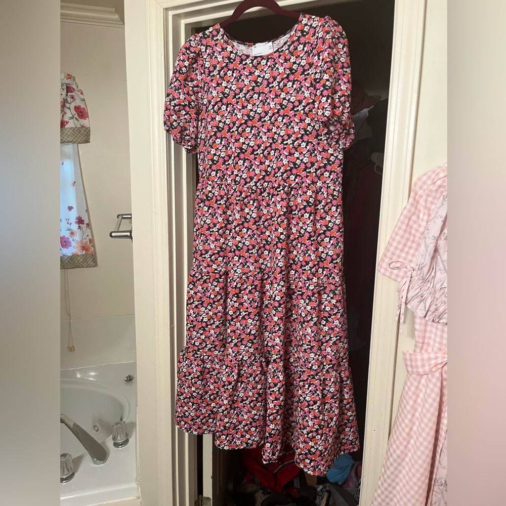 Asos design pink and red floral A-line midi